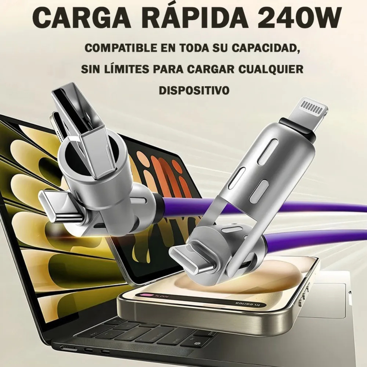 Cable de Carga 4 en 1 con Luz LED – Carga Rápida y Multifuncional para Dispositivos Móviles