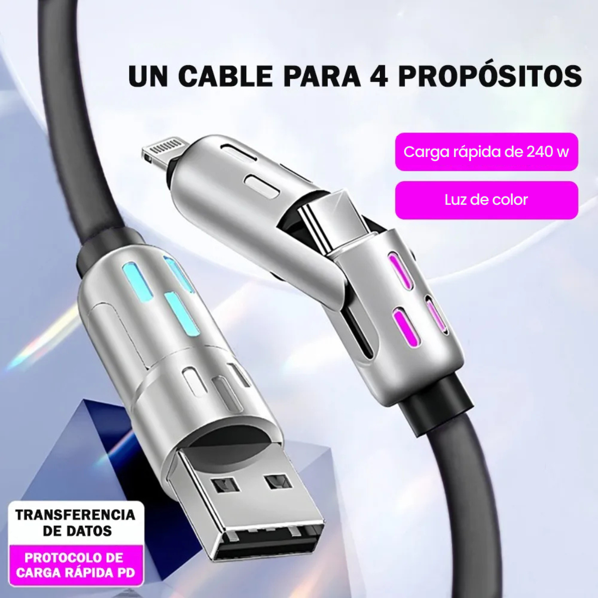 Cable de Carga 4 en 1 con Luz LED – Carga Rápida y Multifuncional para Dispositivos Móviles