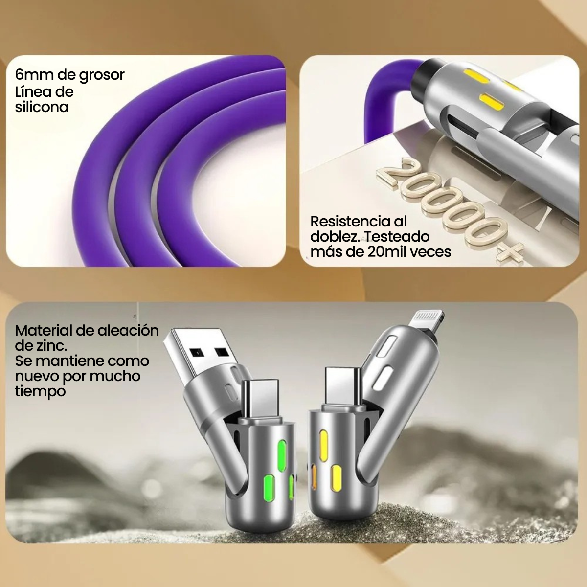 Cable de Carga 4 en 1 con Luz LED – Carga Rápida y Multifuncional para Dispositivos Móviles