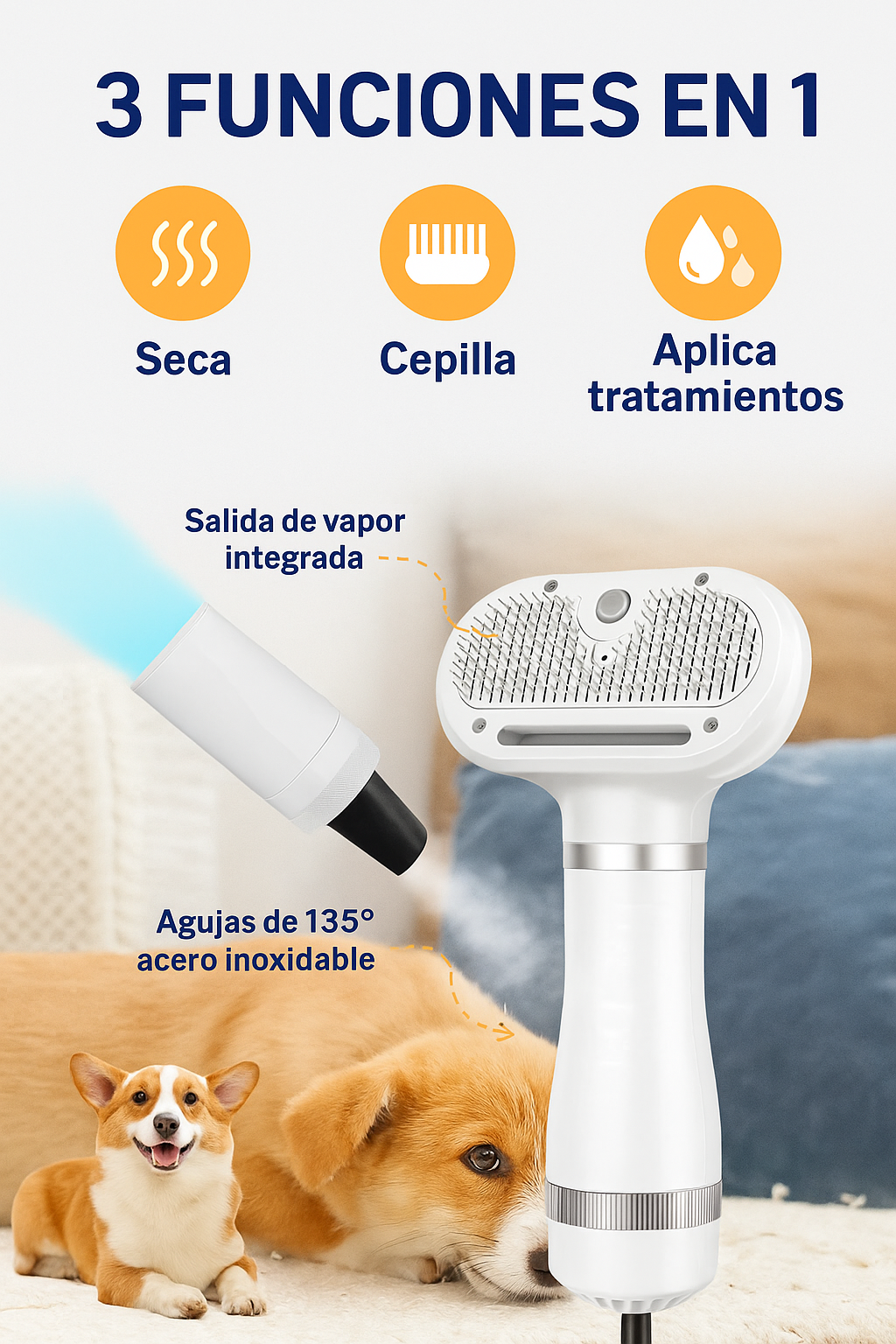Cepillo de Vapor para Mascotas con Vapor y Autolimpieza – 4 en 1 - Elimina Pelos Sueltos y Desenreda con Facilidad