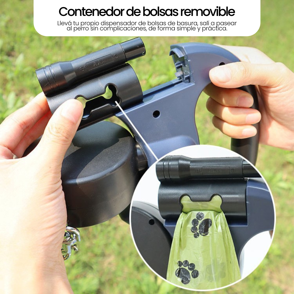 Correa Retráctil 2 en 1 para Perros con Luz LED y Dispensador de Bolsas – Antienredo y Ergonómica