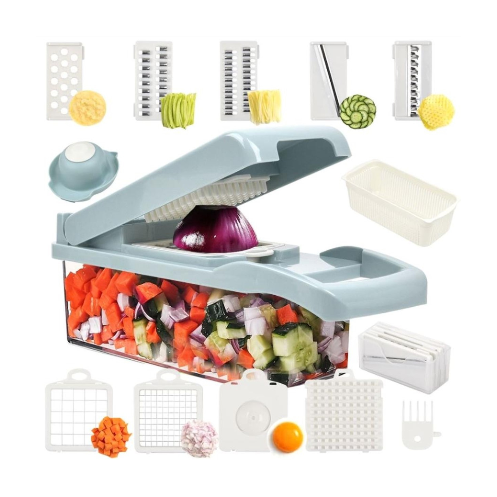Cortador 15 en 1 para Frutas y Verduras con Recipiente – Ideal para Ensaladas y Preparaciones Rápidas