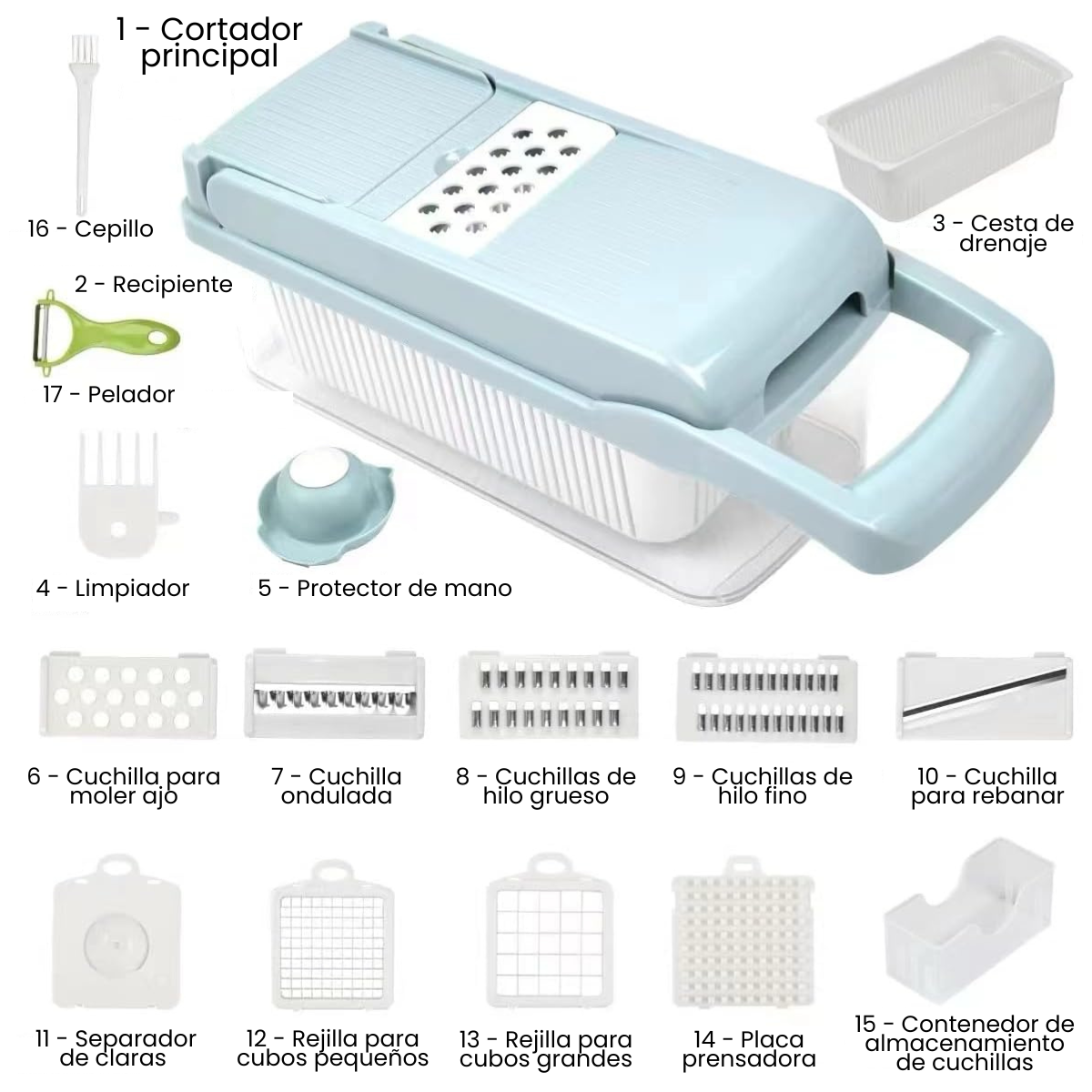 Cortador 15 en 1 para Frutas y Verduras con Recipiente – Ideal para Ensaladas y Preparaciones Rápidas