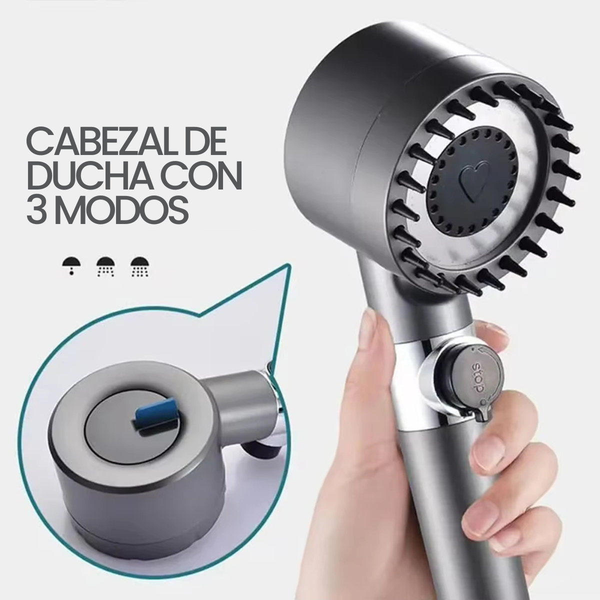 Cabezal de Ducha de Alta Presión con 3 Modos – Relajación, Limpieza y Ahorro de Agua