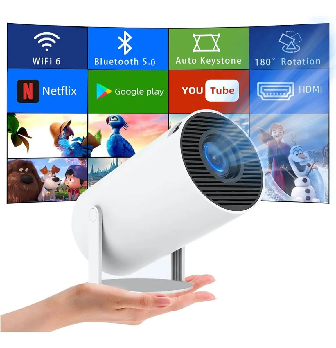 Proyector Portátil Inteligente con Android 11 – WiFi 6, Bluetooth 5.0 y Resolución HD